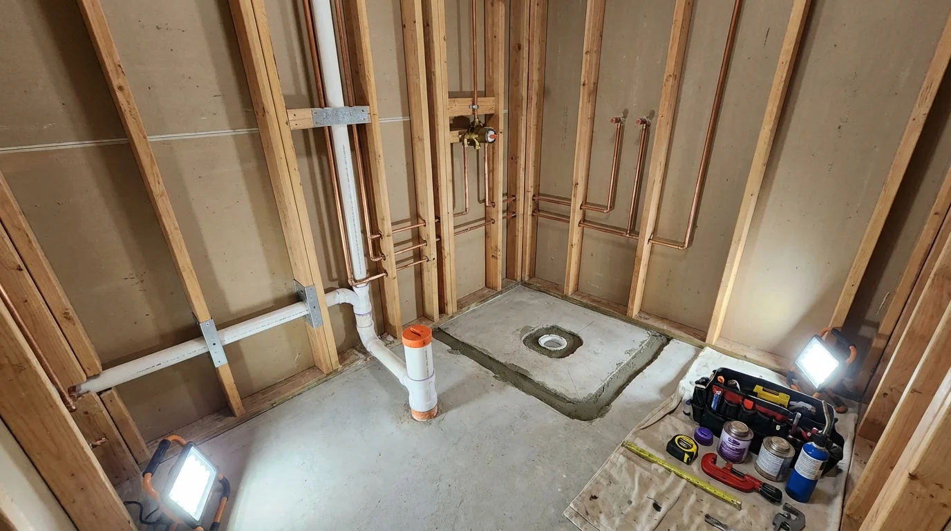 Bathroom rough-in plumbing during remodel by Johns Plumbing LLC in Madbury