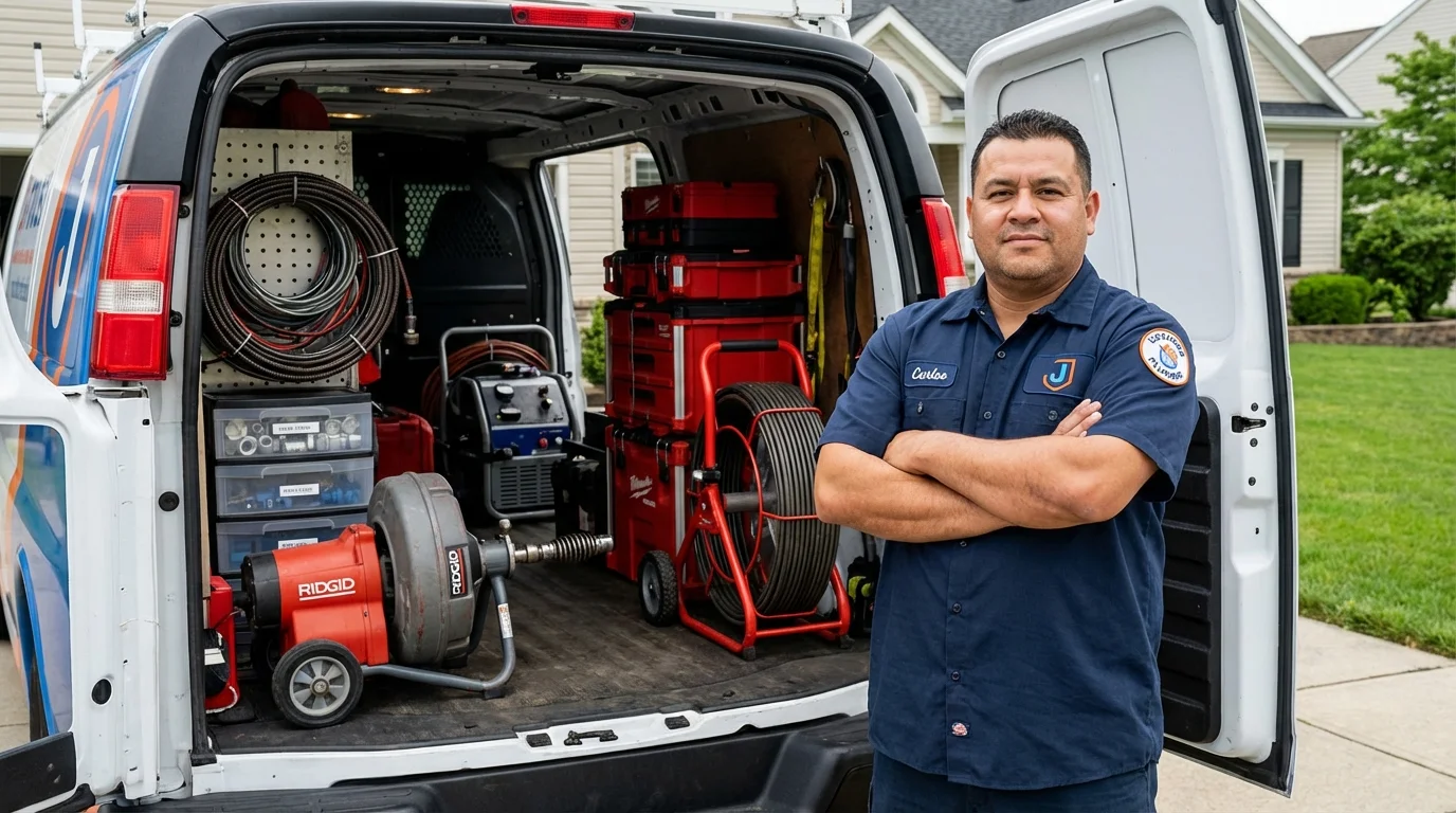 Professional drain cleaning equipment and Johns Plumbing LLC plumber in Madbury