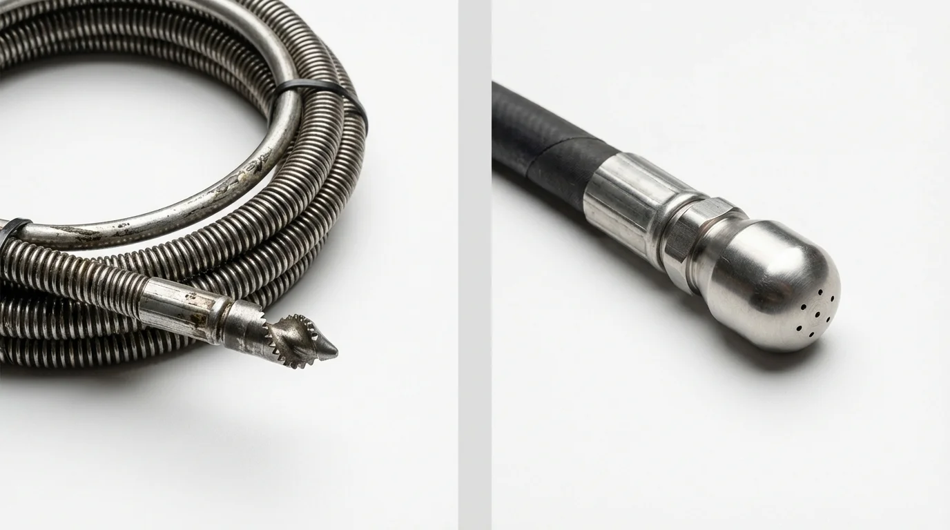 Drain snake cable and hydro jetting nozzle used for drain cleaning in Madbury, NH