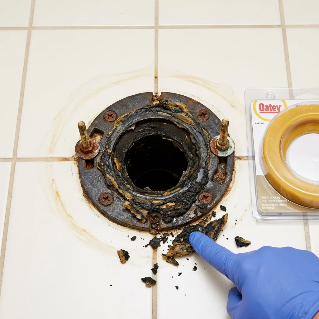 Failed wax ring showing water seepage at the base of a toilet in a Madbury, NH home