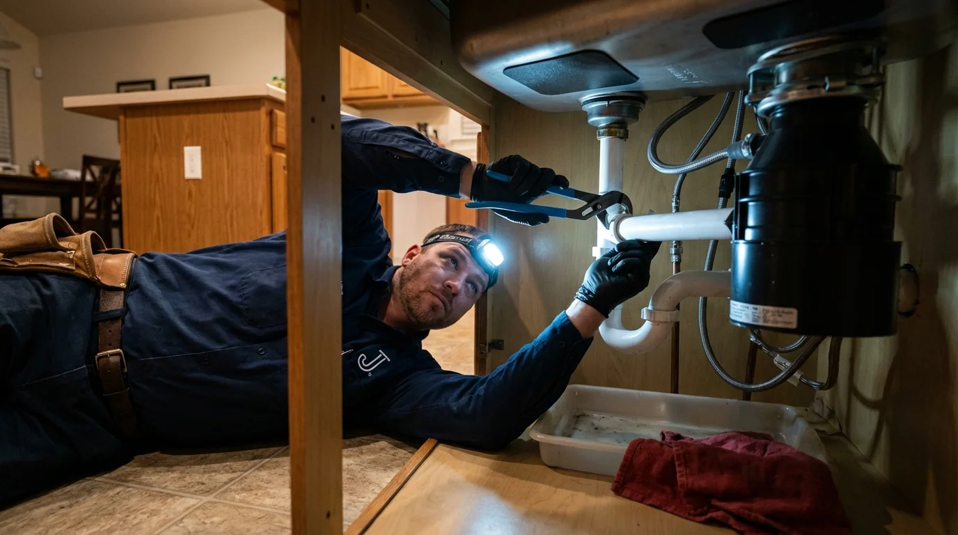 P-trap and supply line connections under a kitchen sink showing a common leak point in Madbury, NH